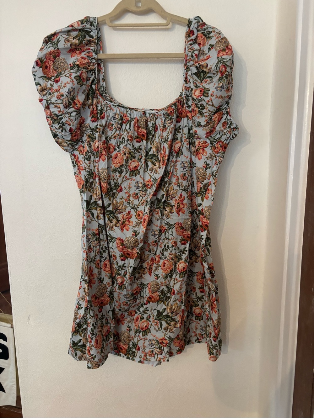 Doen Liberty Floral Square Neck Puff Sleeve Dress - Blue with Coral Roses